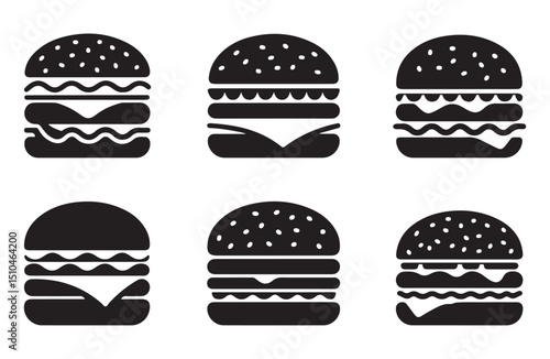 Black burger silhouettes for use in food and eating-themed graphics.