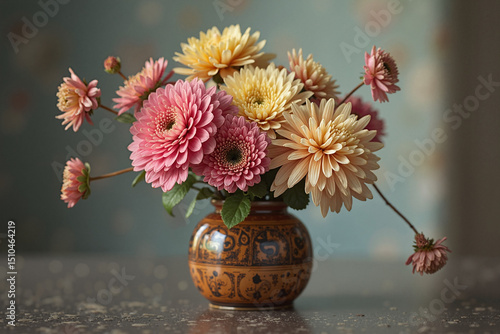 A bouquet of pink and peach dahlias in a decorative vase. Soft, warm colors and a tranquil mood.