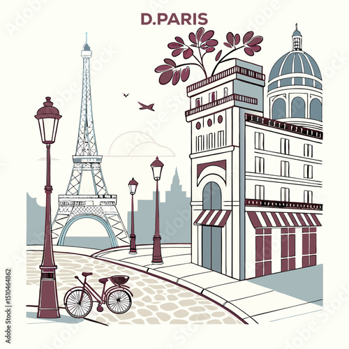 Parisian Street with Eiffel Tower Illustration