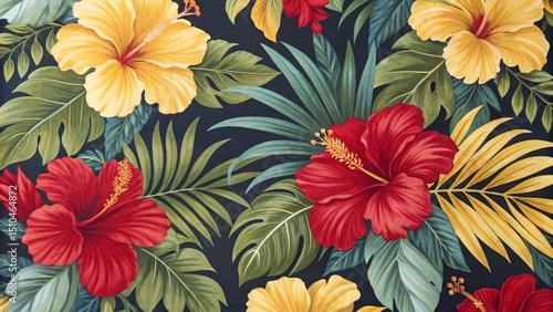 Bright red and yellow hibiscus flowers with lush green leaves create a vibrant tropical pattern on a dark background.