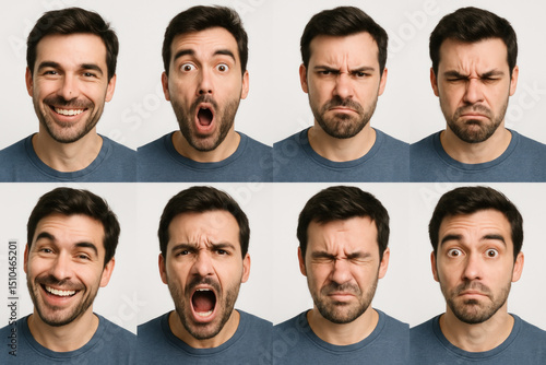Man with multiple expressions captured in photo.