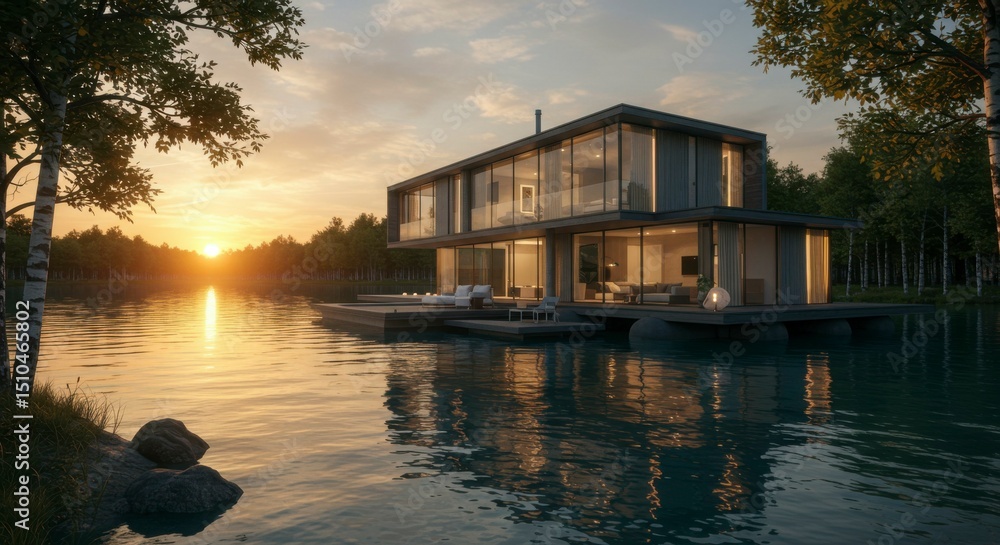 Fototapeta premium Modern lake house at sunset, featuring large glass windows, a floating dock, and surrounding trees