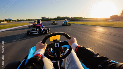 First-person view of a kart racing driver gripping the steering wheel while speeding down a racetrack during a vibrant sunset.