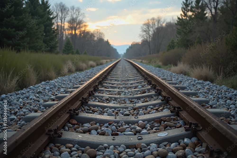 Obraz premium A railway track stretches into the distance, bathed in the soft light of sunset. The gravel ballast and steel rails create a textured path leading towards a horizon of trees.