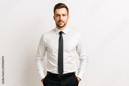 Man in white shirt and black tie.