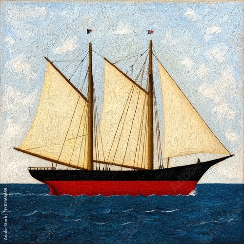 Three Masted Schooner Painting on Calm Sea