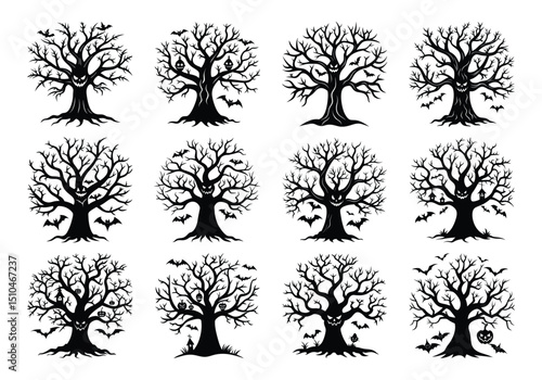 a set of halloween tree ,Dead Trees, Naked trees silhouettes isolated on white background