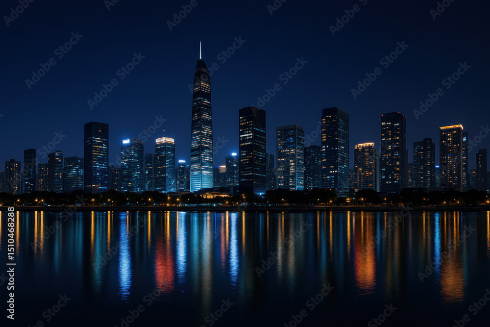 Fototapeta premium City skyline at night with brightly lit skyscrapers reflecting in the calm waters of the river.