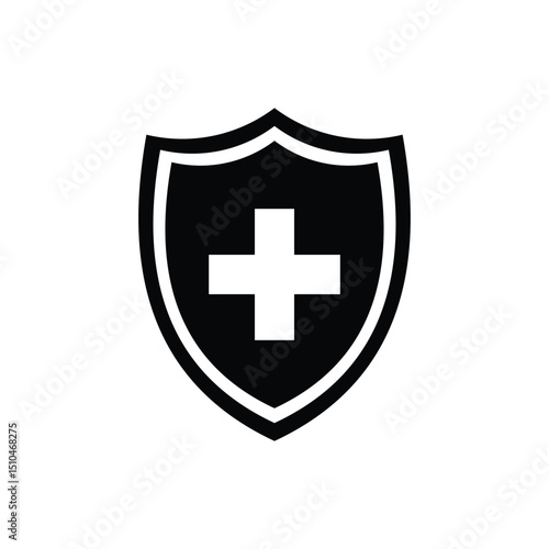 Minimal shield icon with a medical cross in the center, symbolizing health protection, safety, first aid, or secure medical care. Simple black and white design for versatile use.