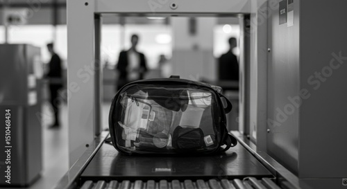 A transparent bag is on a security scanner belt, showing contents. People are in the background