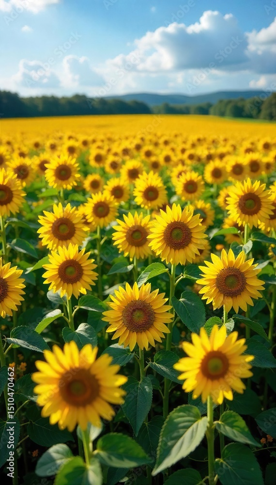 Obraz premium A vibrant field of sunflowers in full bloom, stretching to the horizon under a bright summer sky Golden petals and tall green stalks create a stunning natural landscape , serenity, day, golden