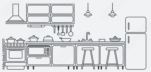 Modern Line Art Kitchen Interior Design Illustration