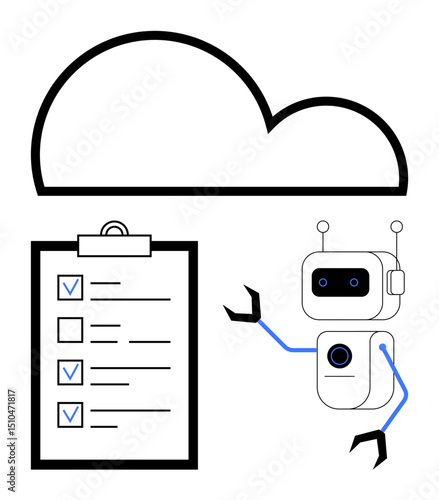 Cloud, humanoid robot interacting with checklist. Ideal for technology, automation, AI, cloud storage, productivity, task management, simple landing page