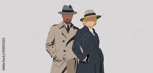 Stylish Couple in Retro Trench Coats and Fedoras
