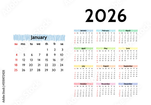 Calendar for 2026 isolated on a white background