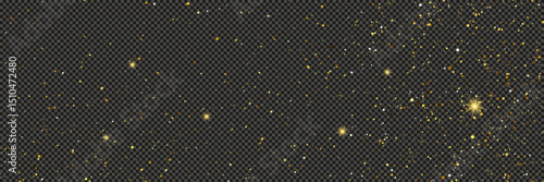 Gold glittering dust with stars on transparent backdrop
