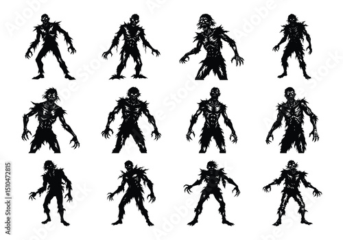 Silhouette set of zombie on white background