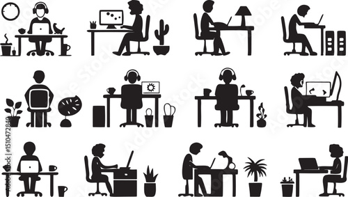 Diverse office workers at desks using computers and laptops