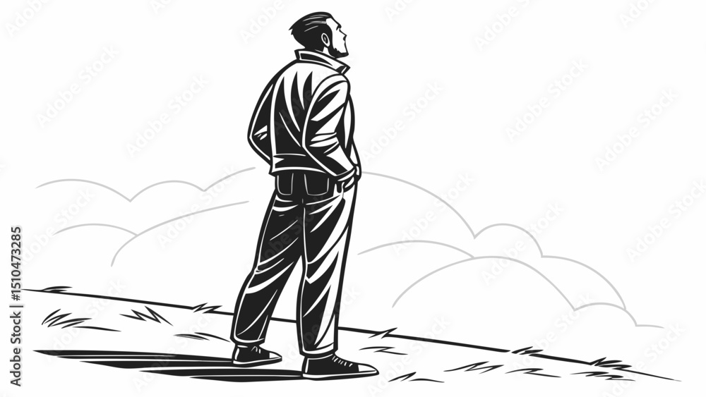 Naklejka premium Isolated Black Silhouette of Man Standing with Hands in Pockets – Minimalistic Vector Illustration