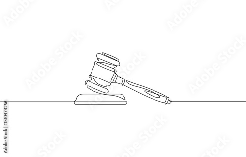 Judge hammer one continuous single line art drawing, Judge's gavel continuous one line drawing minimalism design isolated on white background, pro vector.