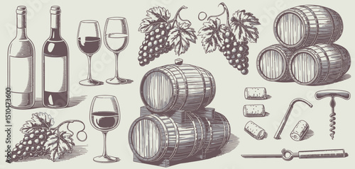 Vintage Winemaking Illustration with Bottles, Barrels, and Grapes