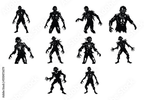 Silhouette set of zombie on white background