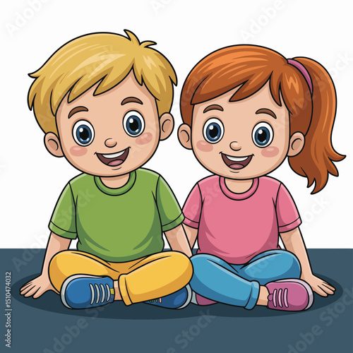 Happy Boy and Girl Sitting Together Cartoon Illustration