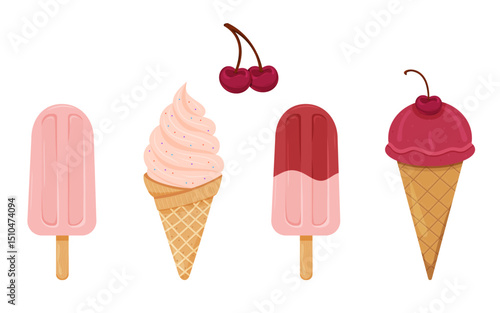 Bright collection of ice cream cones and popsicles with cherries.