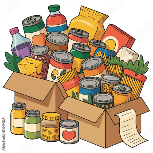 Donation Boxes Filled with Canned Goods and Non-Perishable Food Items