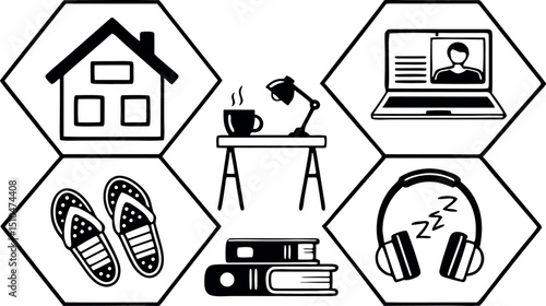 Work from home comfort home office desk laptop headphones slippers books coffee