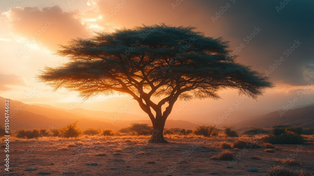 Golden sunset, lone acacia tree, African savanna Golden sunset, lone acacia tree, African savanna