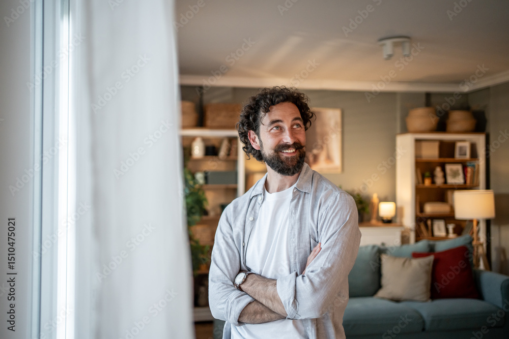 Smiling man standing near window crossing arms at home Smiling man standing near window crossing arms at home
