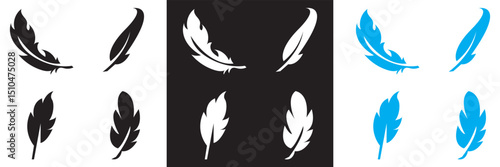  Bird Feather icon.  Black, white and blue quill feather icon. Vector for websites, mobile interfaces, presentations, banner, visual branding etc. Vector illustration. EPS 10 
