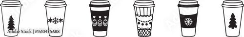 Hand Drawn Coffee Cups with Holiday and Winter Designs, Festive Seasonal Takeaway Mug Collection in Black and White Illustration.