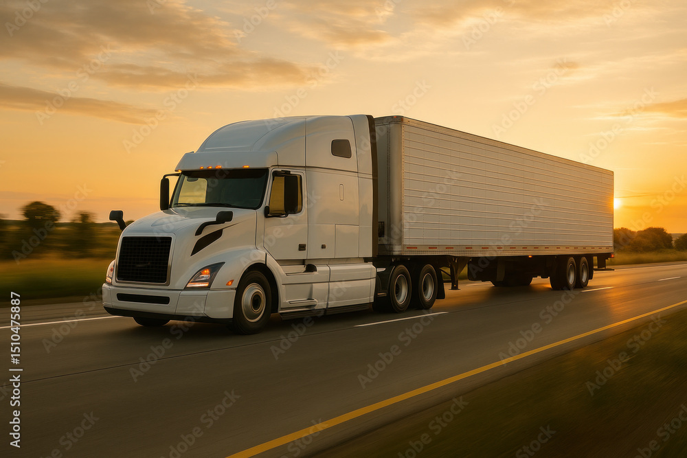 White semi truck driving on highway at sunset White semi truck driving on highway at sunset