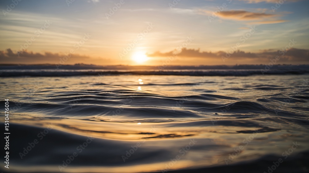 Obraz premium Tranquil ocean view with calm waves under golden sunset, minimalist seascape with copy space, conveying peace, relaxation and freedom of coastal life.