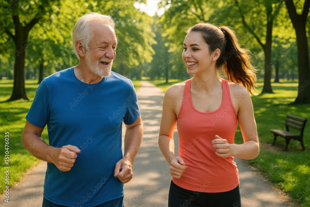 Fototapeta premium Older man and woman jogging in the park.