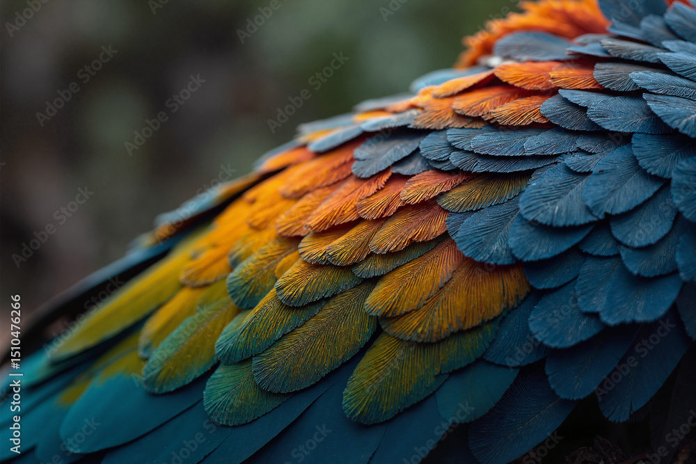 Obraz premium Close-up of vibrant blue, orange, and teal parrot feathers. Nature's masterpiece!