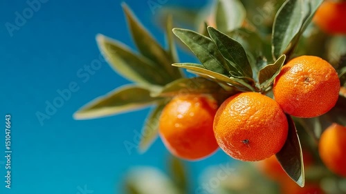 Fresh mandarin oranges hanging on a tree branch under a clear blue sky