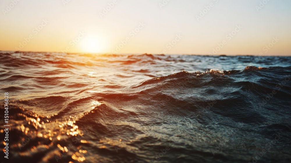 Obraz premium Tranquil ocean view with calm waves under golden sunset, minimalist seascape with copy space, conveying peace, relaxation and freedom of coastal life.