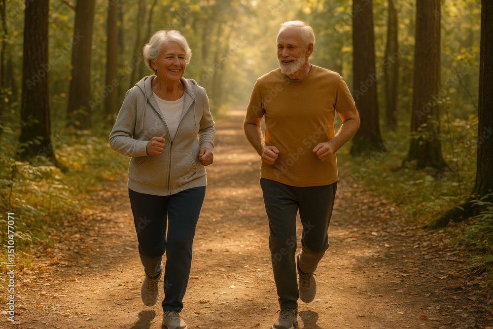 Obraz premium Older couple jogging in woods.