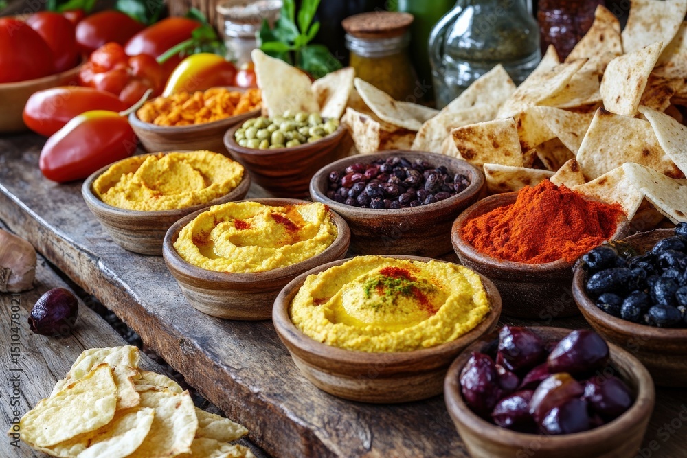 An appetizer menu blending Mediterranean hummus with Indian spices and naan chips An appetizer menu blending Mediterranean hummus with Indian spices and naan chips