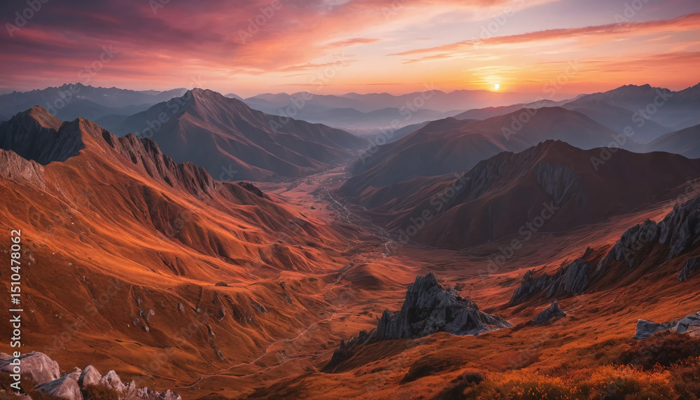 Obraz premium A mesmerizing landscape of a stunning mountain range enveloped in warm hues of orange and pink, with the sun