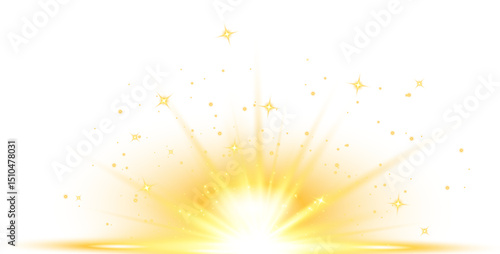 Golden shine light effect,isolated on transparent background,png with stars and beams creating a sparkling glow for digital design