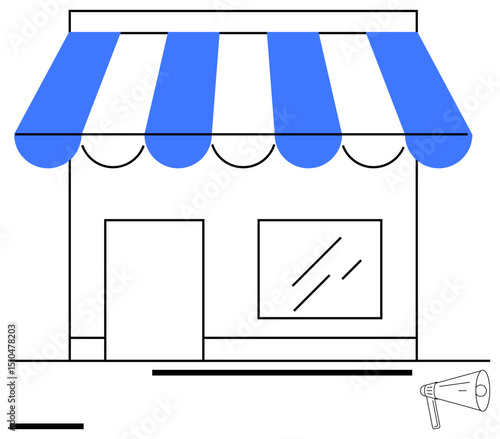Small shop with blue-striped awning and glass window, accompanied by a megaphone. Ideal for retail, small business, advertising, marketing, shopfront design, promotion, simple landing page