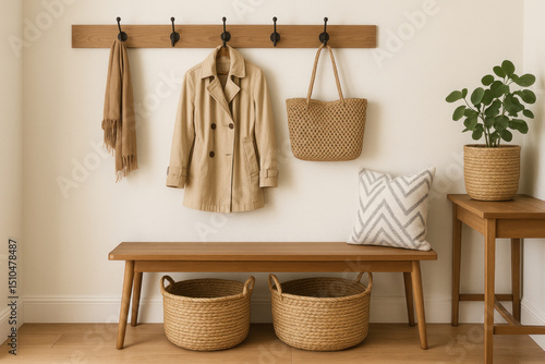 Wooden bench with baskets and coat rack on wall.