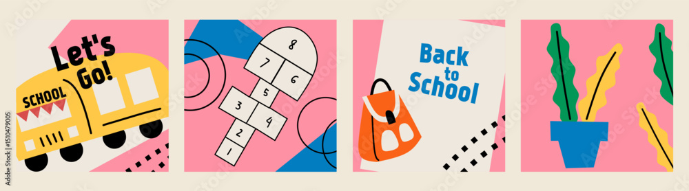 Set of Back to school cards. Flat style education icons, symbols, doodles on pink square background. Art collage, papers, hand drawn fun design elements. Bright colorful school subjects concept. Set of Back to school cards. Flat style education icons, symbols, doodles on pink square background. Art collage, papers, hand drawn fun design elements. Bright colorful school subjects concept.