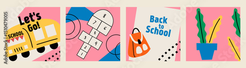 Set of Back to school cards. Flat style education icons, symbols, doodles on pink square background. Art collage, papers, hand drawn fun design elements. Bright colorful school subjects concept.