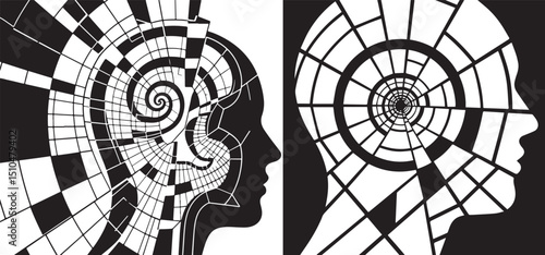 Black and white image of two faces, one male and one female, composed of details.