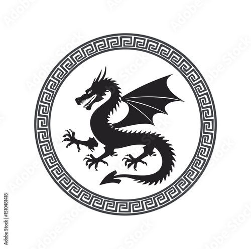 Majestic black dragon greek key design mythological creature
